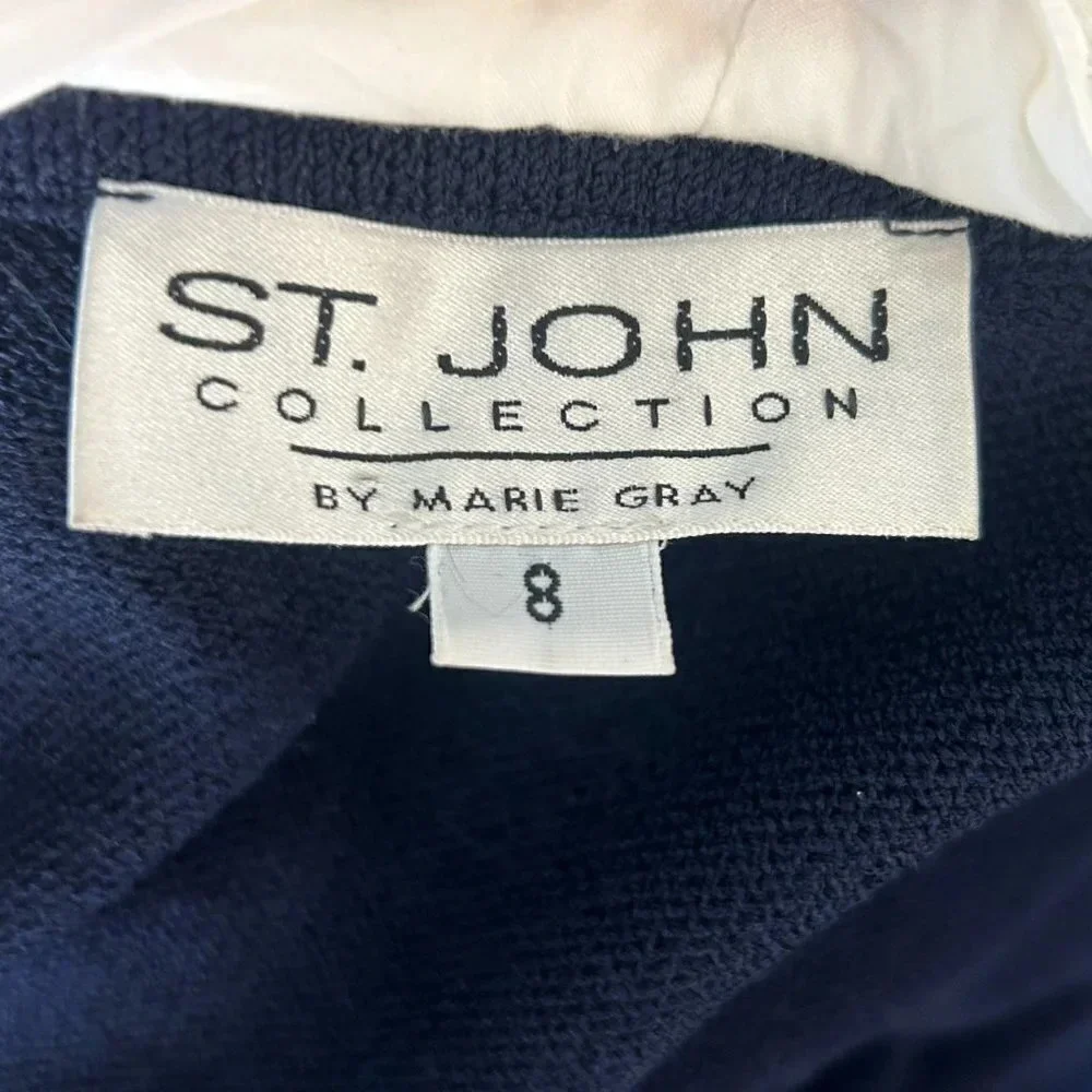 St. John Collection Navy Blue Santana Knit Nautical White Collar Skirt Suit